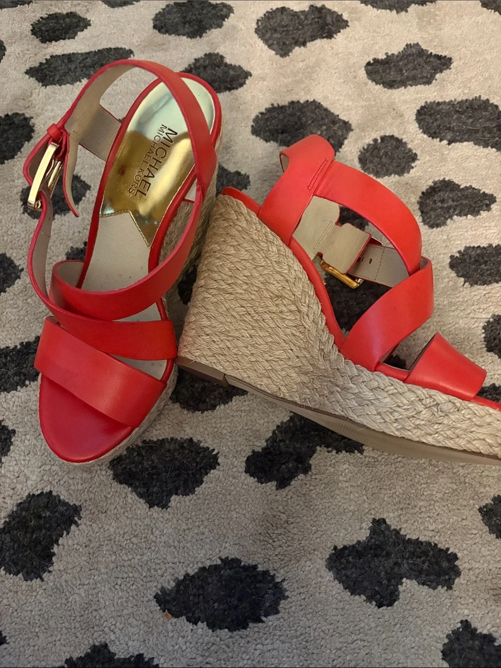 Michael Kors Bright Red Leather Espadrille Wedge Sandals